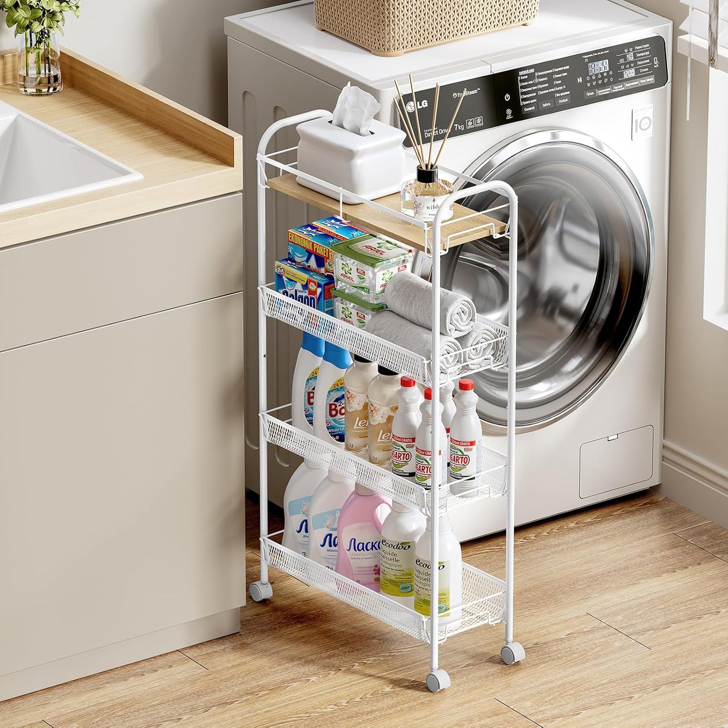 KINGRACK Metal Slim Rolling Cart,4-Tier Metal Utility Cart,Storage Cart with Wooden Tabletop, for Narrow Space on Laundry Bathroom Kitchen Room Bedroom Apartments Dormitory (Pure White, Slim)