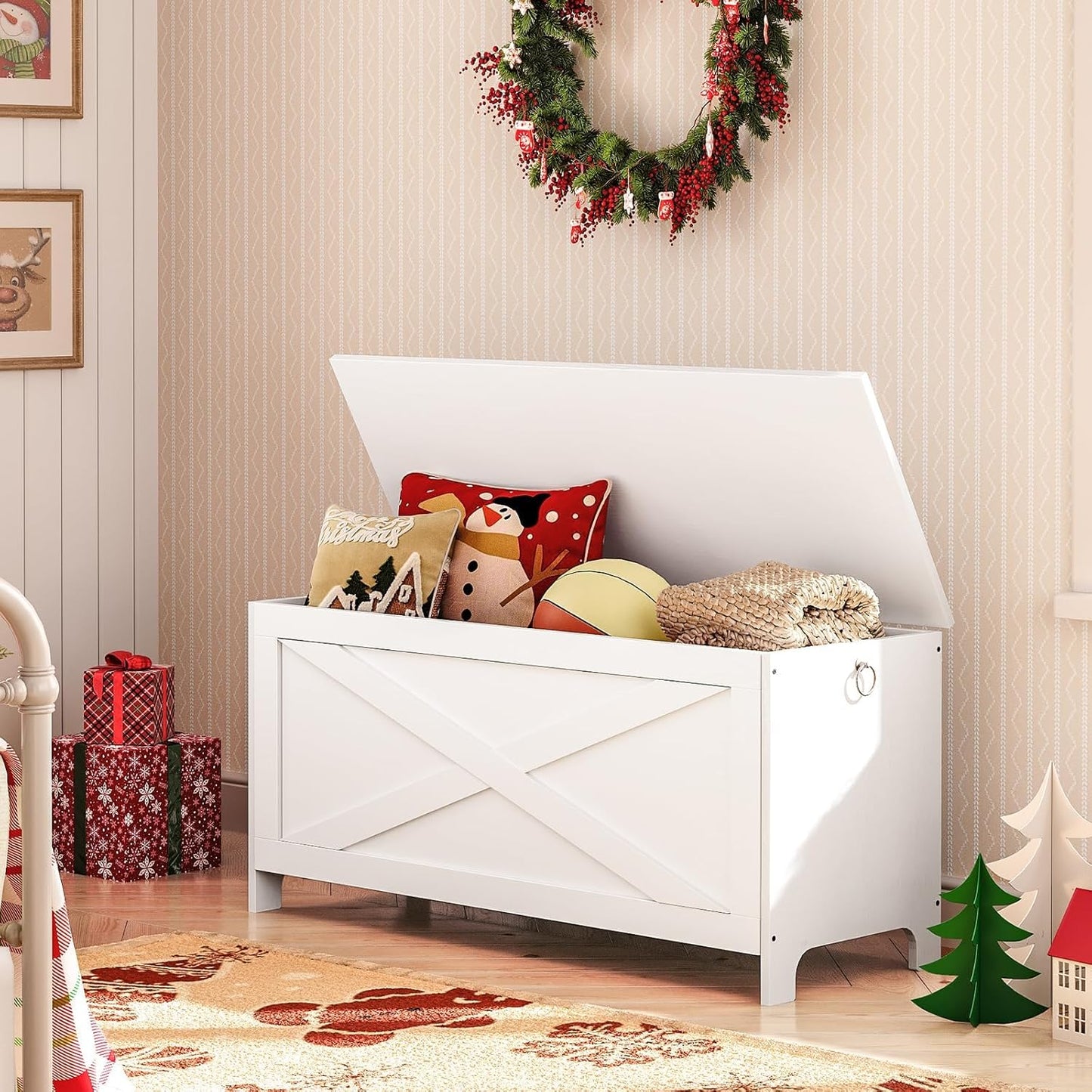 39.4" Toy Chest, Sturdy Entryway Storage Chest with Safety Hinges, Retro Toy Box, Wooden Look Accent Furniture for Living Room, Bedroom, White SCWT48101Z1