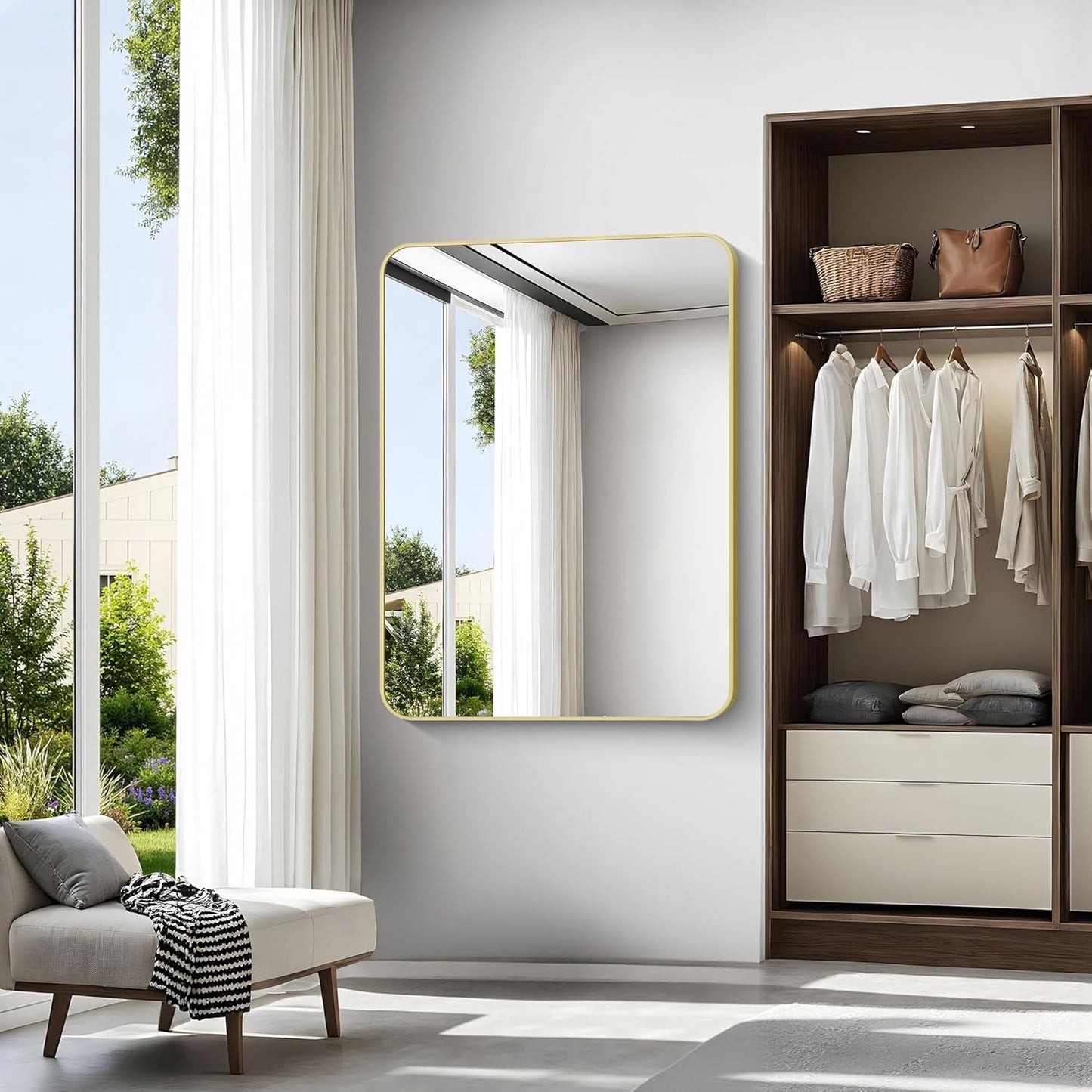 BONEWEI Gold Bathroom Mirror,36x48 inch Wall Mirror for Bathroom Wall Mounted,Round Rectangle Mirror for Bathroom Over Sink,Modern Frame for Home Decor Living Room,Bedroom Entryway,Horizontal/Vertical