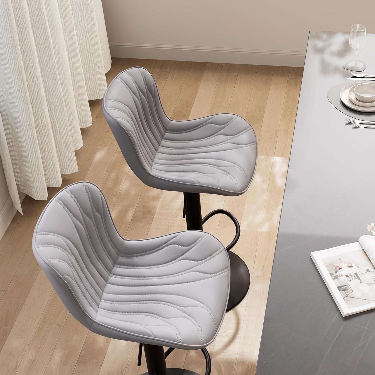 YOUNIKE Single Grey Bar Stools Modern Swivel Counter Height Bar Chair with Back Adjustable Kitchen Island Faux Leather Padded Barstools taburetes de bar Breakfast sillas para barra de cocina 1PCS