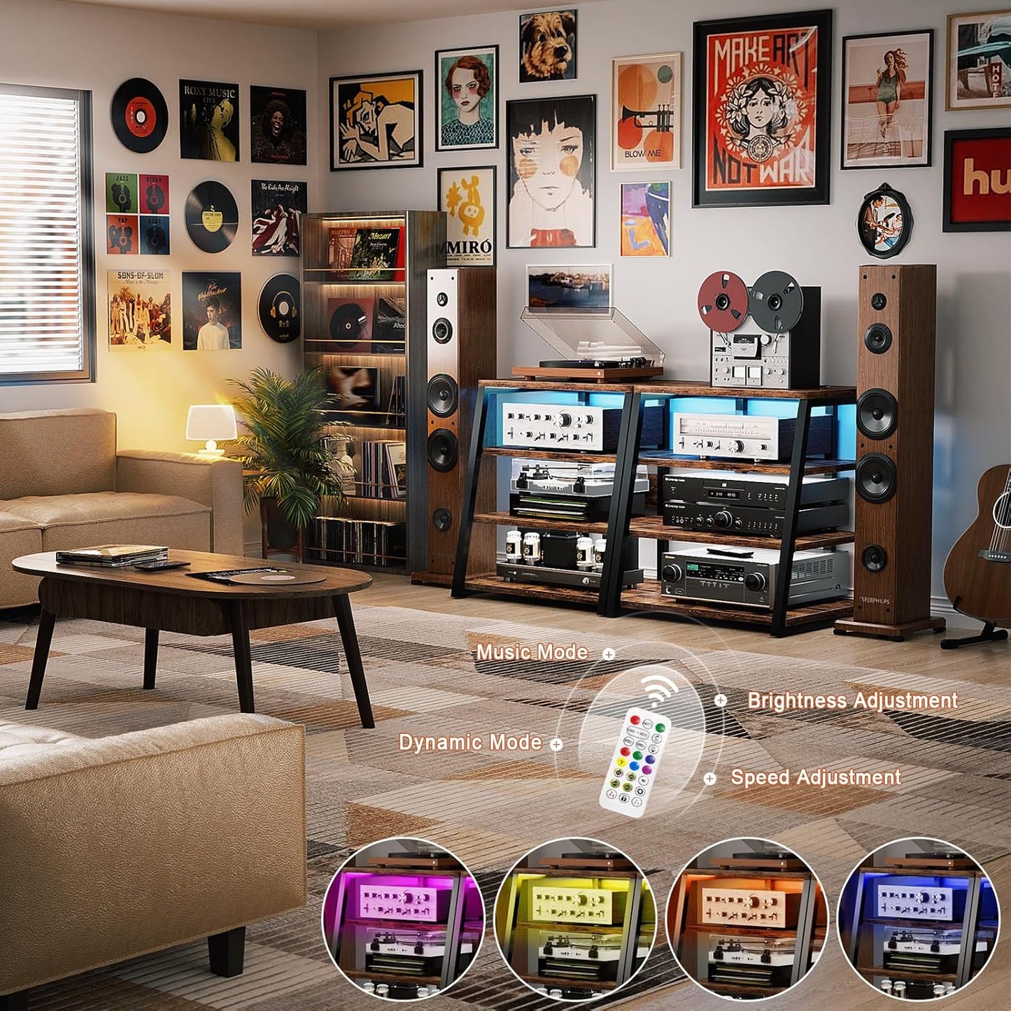 Armocity 4-Tier AV Media Stand with Power Strips, Stereo Stand with LED Lights, Audio Tower Rack with Adjustable Shelves, Small Entertainment Center, 30'', Rustic Brown