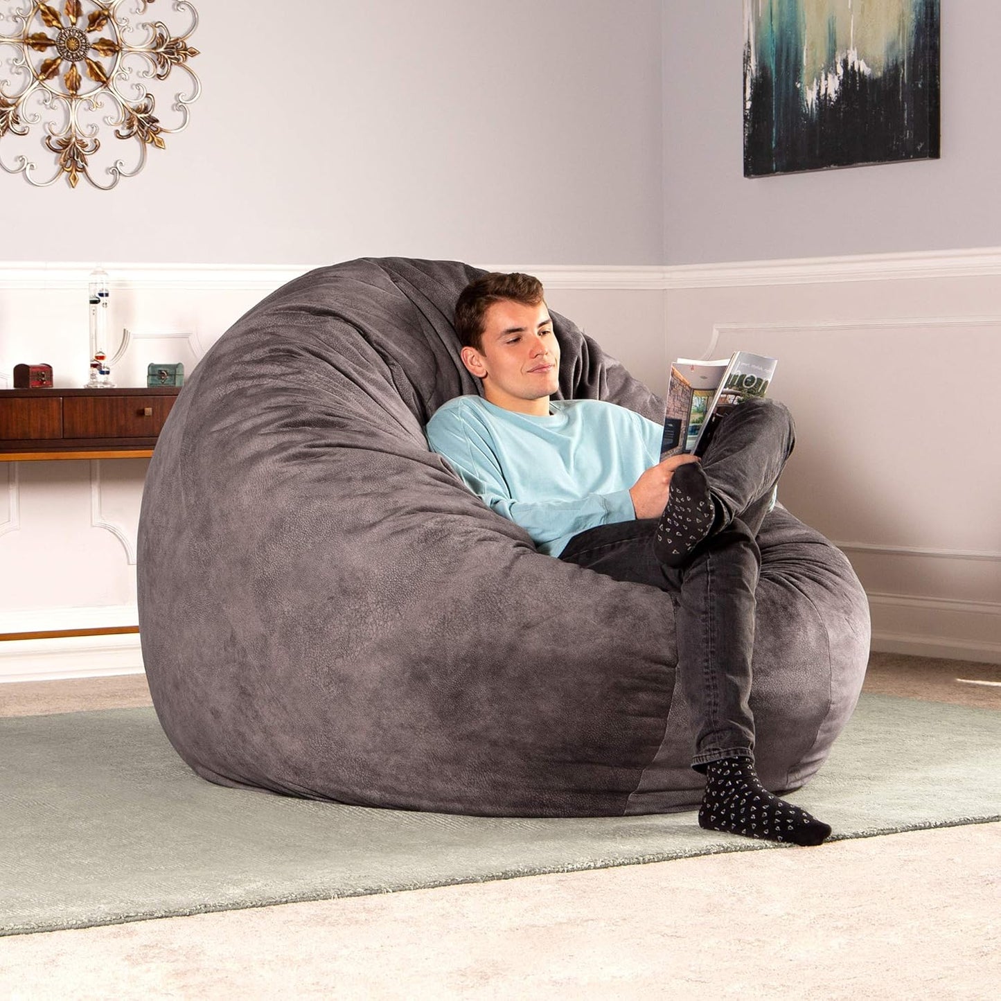 Jaxx 6 Foot Cocoon - 2-in-1 Convertible Bean Bag Bed & Large Bean Bag Chair for Adults - Padded Microvelvet, Pewter