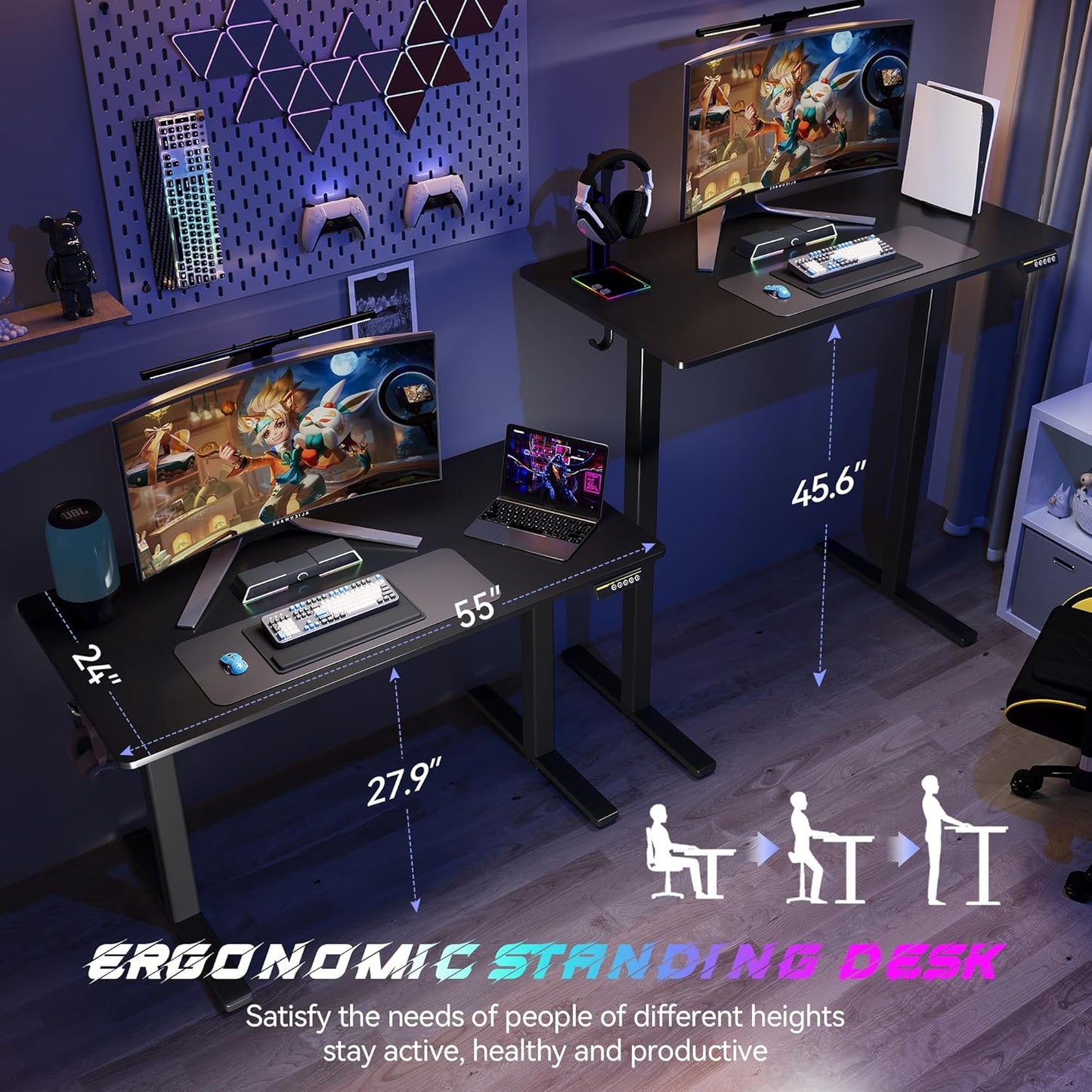 Electric Standing Desk Adjustable Height 55"x24" Stand Up Desk with Lockable Wheels Ergonomic Sit Stand Desk for for Work Office Home Computer Workstation (Black)