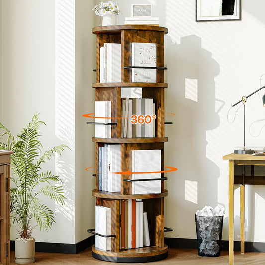 HOOBRO Rotating Bookshelf, 360° Spinning Bookshelf for Small Spaces, 4-Tier Floor Standing Bookcase Storage Rack, Wooden Corner Bookcase for Living Room, Study, Office, Rustic Brown and Black FG54SJ01