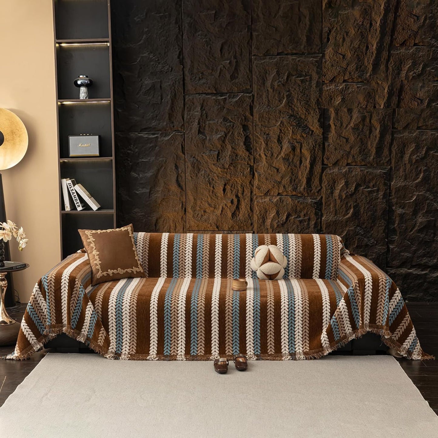 STACYPIK Khaki Jacquard Leaves Sofa Cover, Vintage Couch Cover for Dogs, Washable Pet Protector for 3 Cushion Couch, Non-slip Chenille Sofa Covers for Loveseat, Boho Couch Cover for Sectional-71X150IN