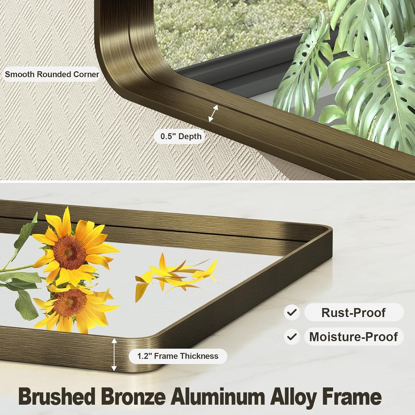 30x36 Inch Bronze Framed Bathroom Mirror, Brushed Bronze Metal Vanity Mirror, Bronze Rectangle Mirror for Wall, Rounded Corner, Anti-Rust, Shatterproof (Horizontal/Vertical)