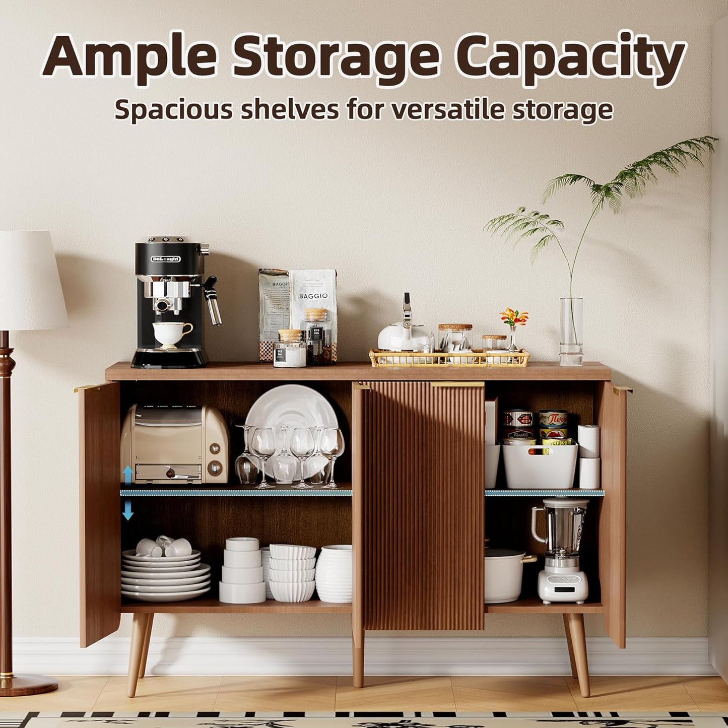 Sideboard Buffet Cabinet with Storage, 4 Doors Wood Entryway Cabinet, Modern Accent Cabinet with Solid Wood Feet & Adjustable Shelves, Multifunctional Console Table for Living Room, Kitchen, Hallway