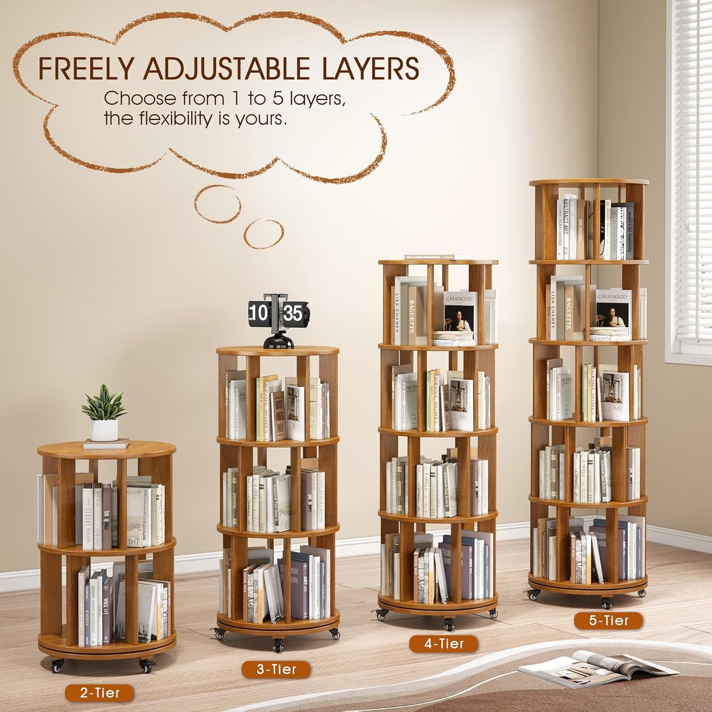 5 Tier Rotating Bookshelf Tower Spinning Bookshelf with Swivel Wheels Book Shelf Rotating Storage Tower for Kids Adult Narrow Walnut Solid Wood Revolving Bookcase Organizer for Bedroom Living Room