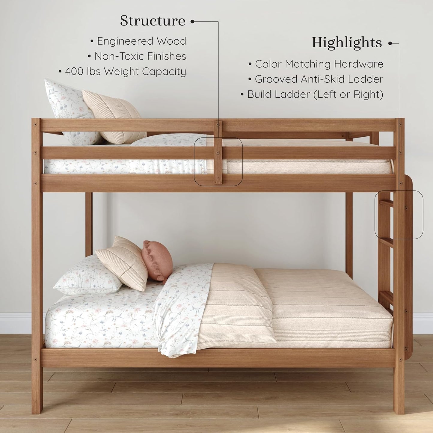 Grain & Grove Bear Twin Over Twin Bunk Bed, Sturdy Bunk Bed Frame for Kids, Plywood Bunk with Ladder, Guardrail, and Slats, No Box Spring Required, Oak Embossed Pecan