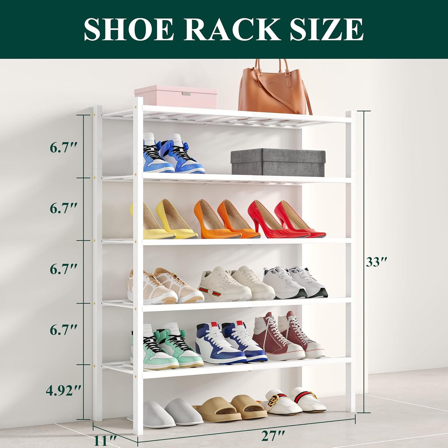 Smiry Shoe Rack, 5 Tier Bamboo Shoe Organizer, Stackable Free Standing Wooden Shoe Storage Shelf for Closet, Entryway, Front Door Entrance, White