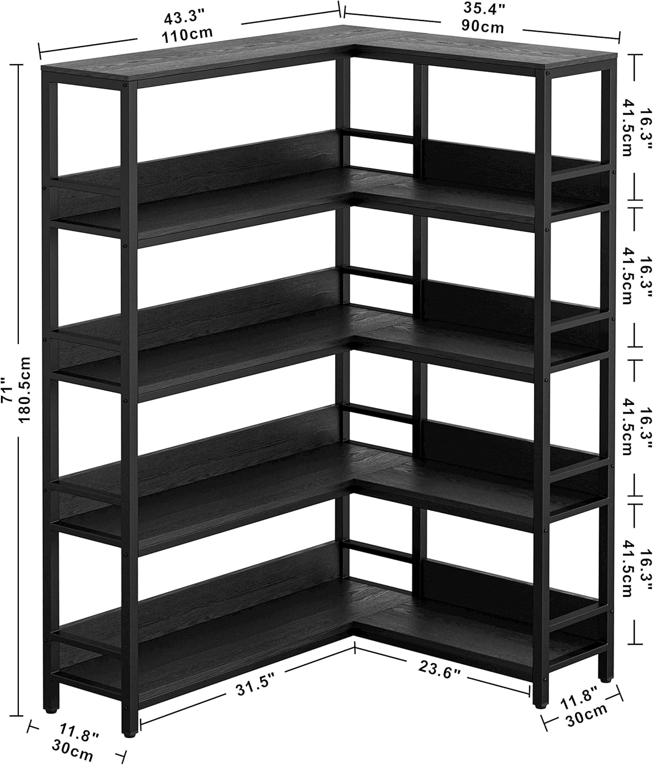 IRONCK Industrial Bookshelves 5 Tiers Corner Bookcases with Baffles Etagere Shelf Storage Rack with Metal Frame for Living Room Home Office