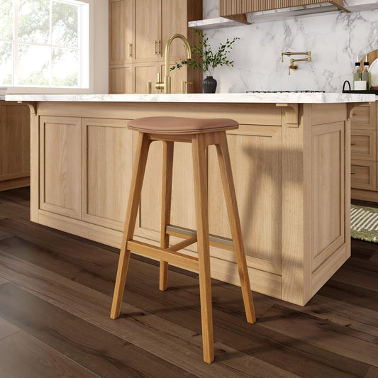 Plank+Beam Beryl Bar Height Stool - Mid-Century Modern Rubberwood Bar Stool with Faux Leather Seat, Metal Footrest, Easy Assembly, Pecan/Toffee