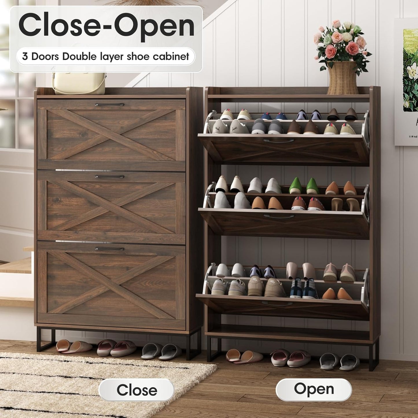 Maupvit Shoe Storage Cabinet with 3 Flip Drawers, Freestanding Organizer with Metal Legs for Entryway, Narrow Shoe Rack Cabinet, Dark Walnut