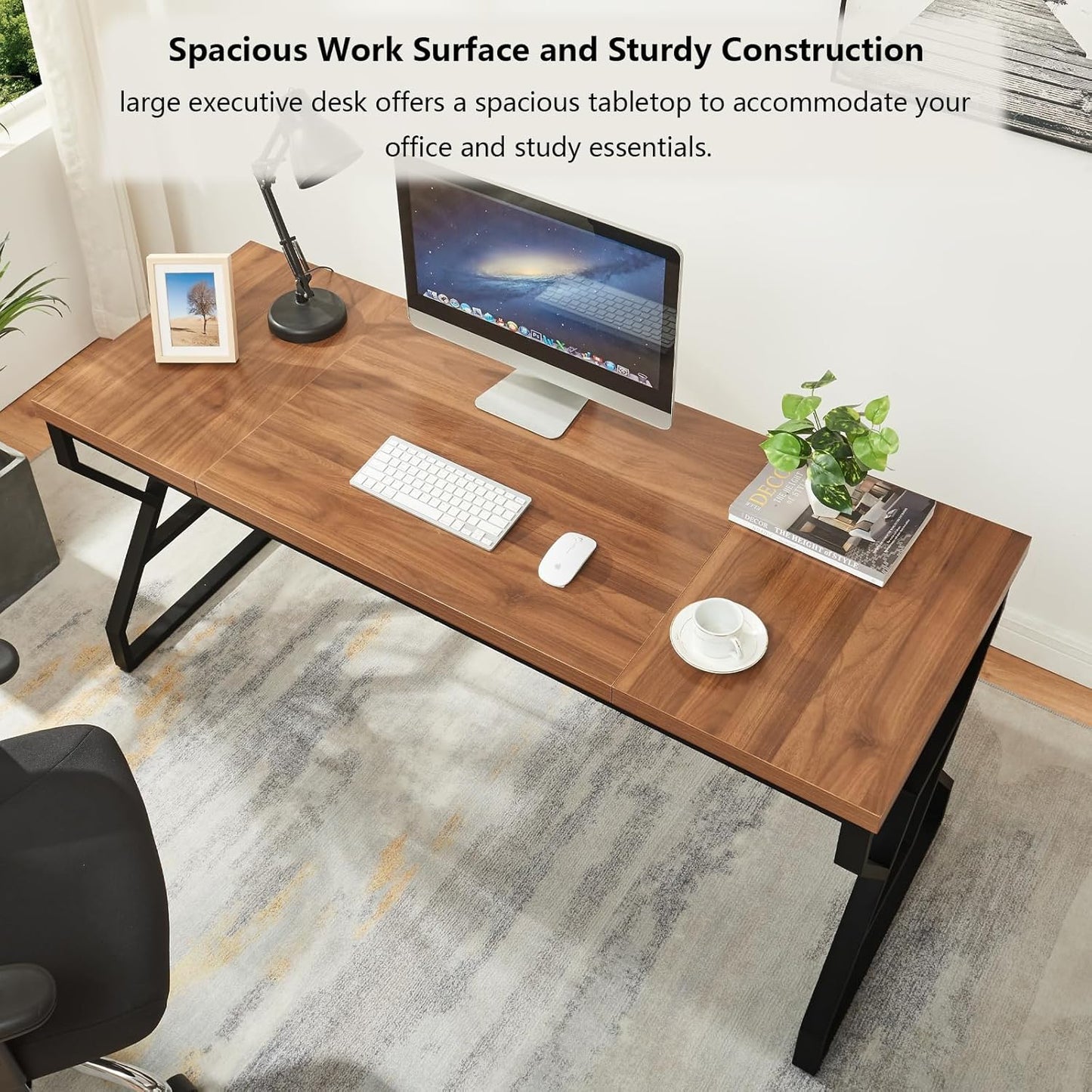 HOMISSUE 63-inch Executive Desk, Large Home Office Desk with Engineered Wood Tabletop and Metal Frame, Rustic Workstation Desks with Sturdy Structure, Long Computer Desks for Home Office, Writing