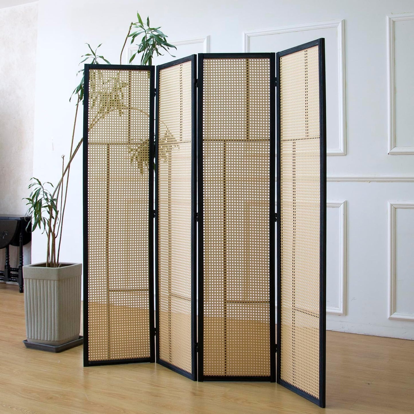 4 Panel Room Divider Screen and Folding Panel Screen,Double Sided Rattan Divider for Room Separation,Brown,67" H x 63" W