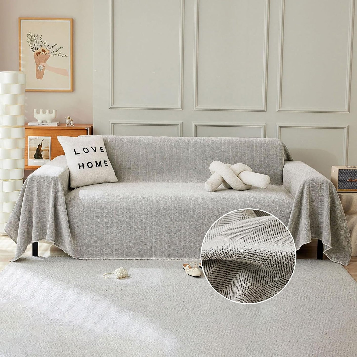 STACYPIK Soft Silver Gray Sofa Cover, Herringbone Couch Cover for Sectional, Pet Friendly Couch Protector for 3 Cushion Couch, Washable Chenille Sofa Covers for L-Shaped, Multi-Use Blankets-91X118IN