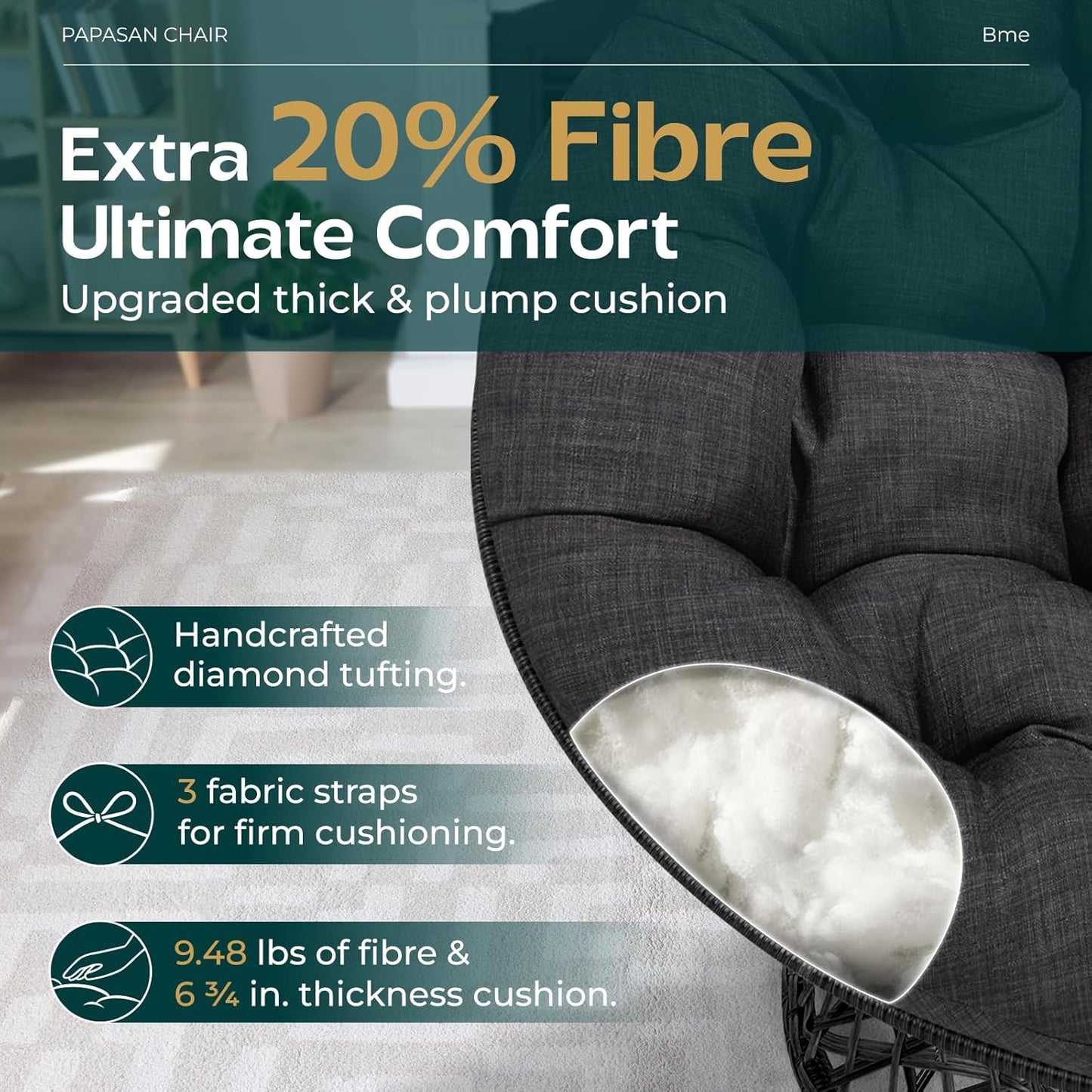 Bme 40" Ergonomic Wicker Papasan Chair with Soft Thick Density Fabric Cushion, High Capacity Steel Frame, 360 Degree Swivel for Living, Bedroom, Reading Room, Lounge, Onyx Stone - Black Base