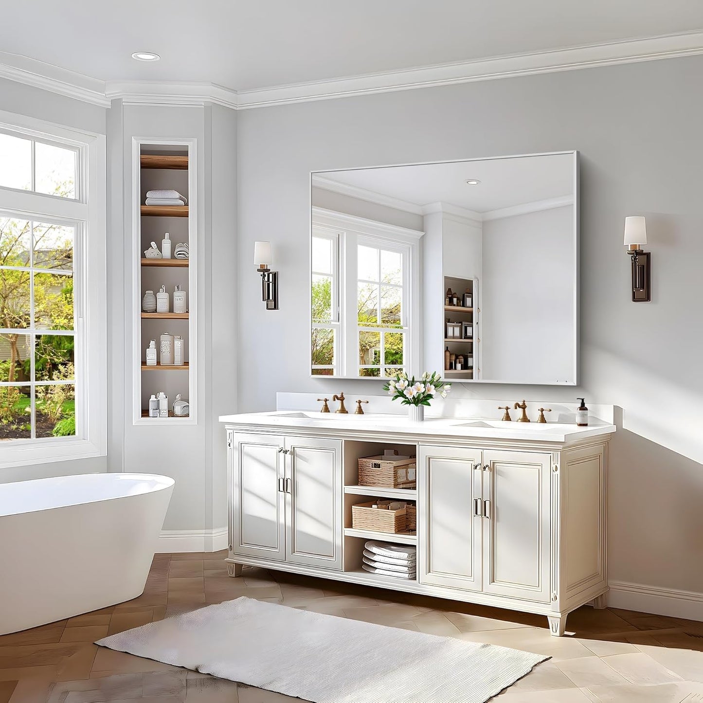 40x48inch Silver Bathroom Mirror, Silver Rectangle Mirror with Frame, Large Rectangular Wall Mirrors for Bathroom, Living Room, Hair Salon, Big Farmhouse Mirror Hang Horizontal/Vertical