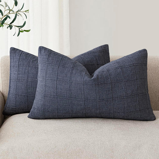 Foindtower Set of 2 Decorative Linen Check Throw Pillow Covers Neutral Farmhouse Lumbar Cushion Covers Modern Boho Home Decor for Sofa Chair Couch Bedroom Living Room Outdoor,12×20 Inch,Navy Blue