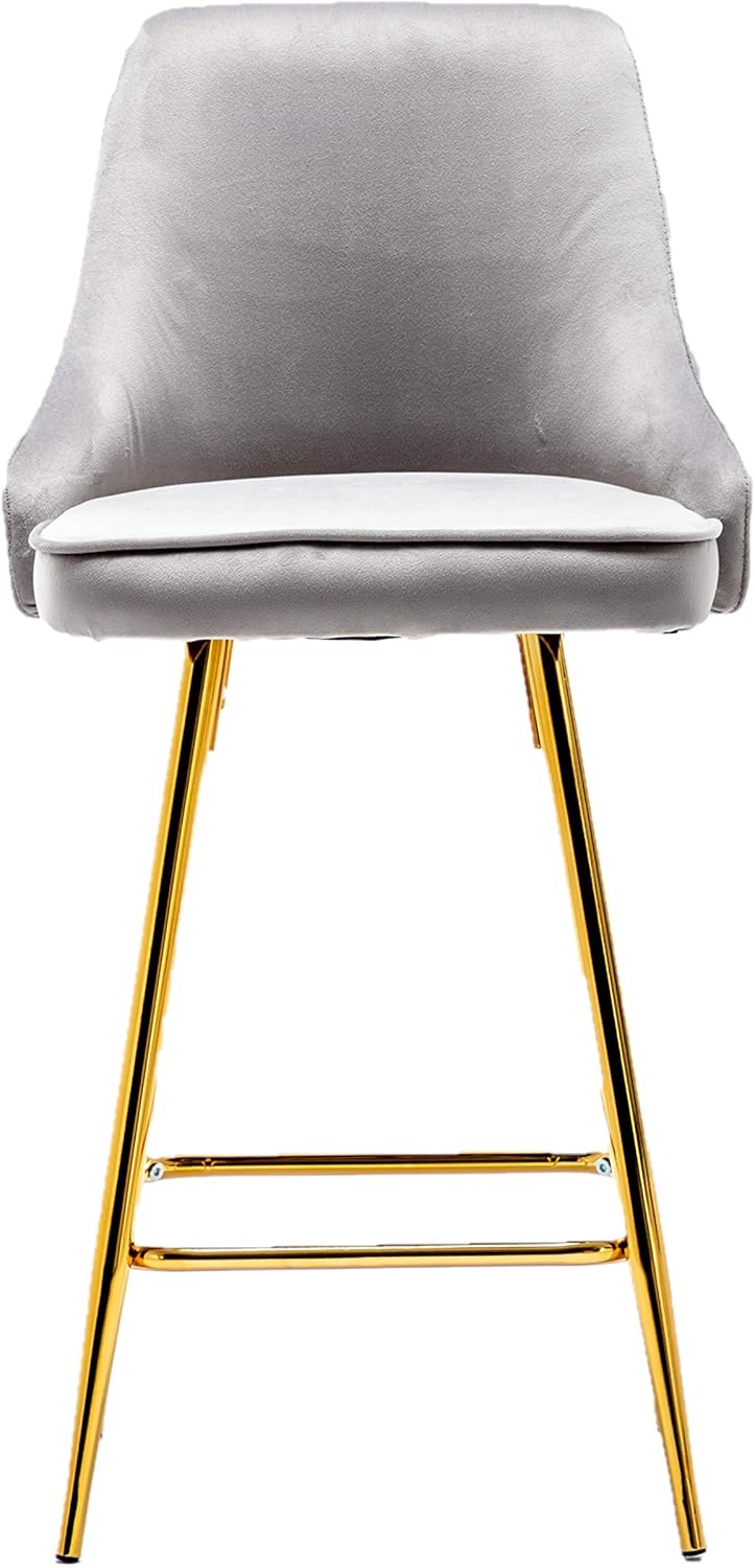 BTEXPERT Set of 2. Upholstered Dining Bar Chairs Footrest High Back Counter Height Barstools, Tufted Grey Velvet Gold Frame 25" Modern Kitchen Island Stool