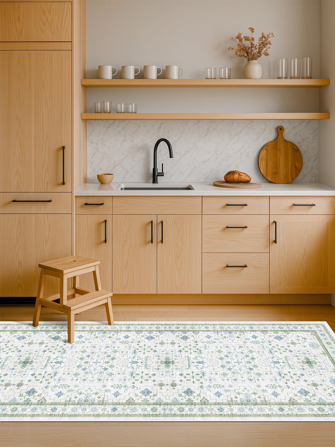 Boho Bathroom Runner 2x7 - Cream Green Oushak Floral Turkish, Washable Low Pile Non Slip Stain Resistant Small Accent Rug for Kitchen, Hallway