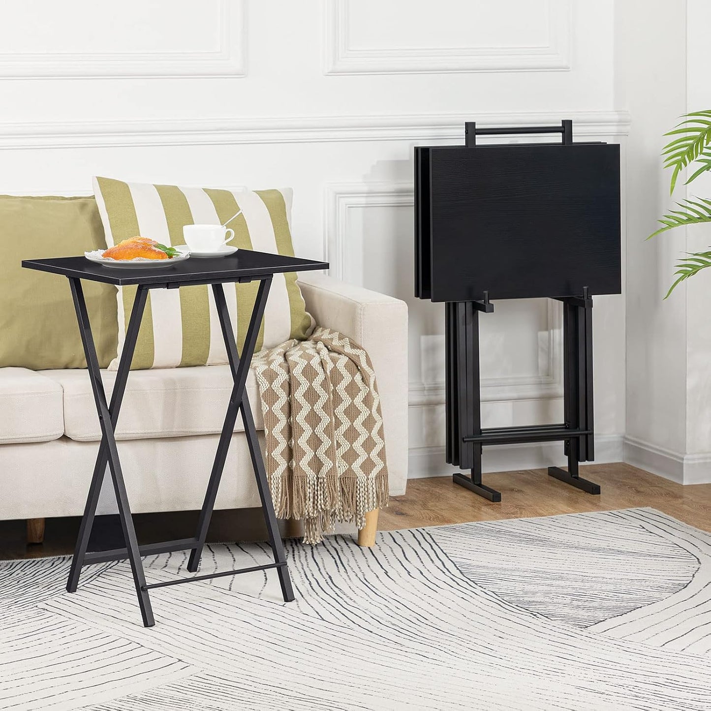 HOOBRO Folding TV Tray Tables, Set of 4 TV Trays with Storage Rack, Industrial Side Table for Eating at Couch, Foldable Snack Table for Small Space, Easy Assembly, Black BK50BZ01