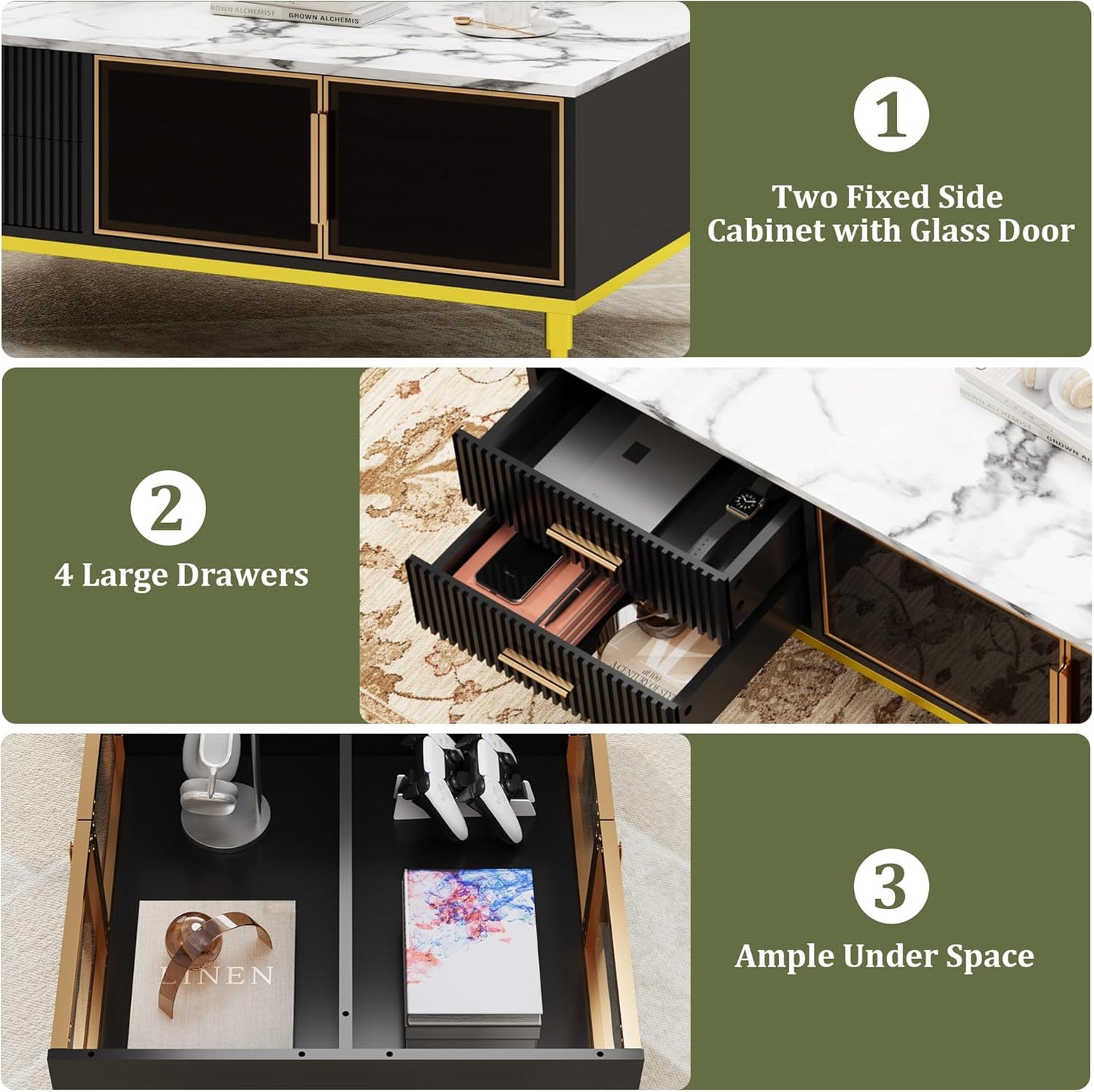 GAOMON Coffee Table for Living Room, Faux Marble Coffee Table with 4 Drawers and Glass Doors Storage, Modern Aesthetic Fluted Panel Design,Black & Gold