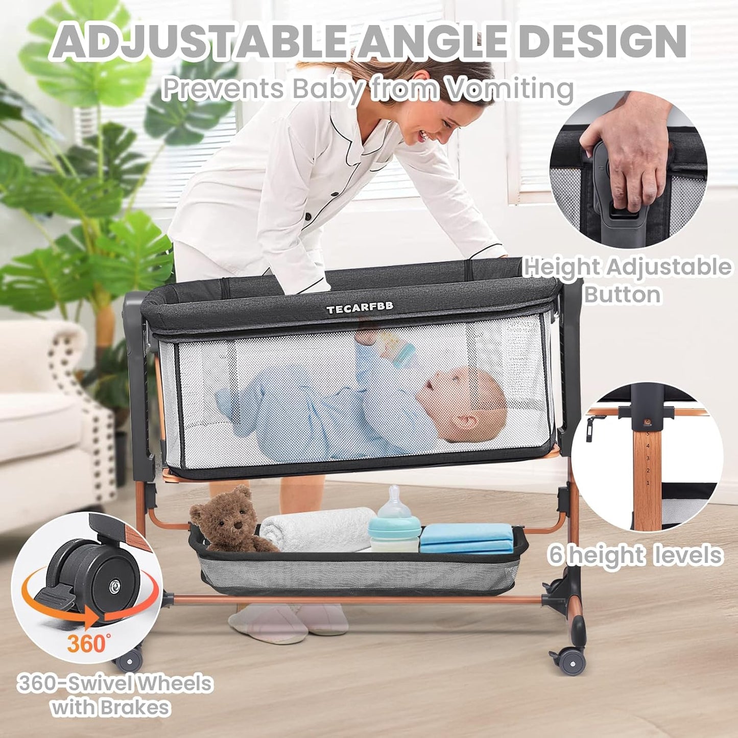 Baby Bassinet, 3 in 1 Bedside Sleeper for Newborn, Bedside Bassinet for Baby with 6 Adjustable Height, Soft Mattress, Compact, Easy to Fold