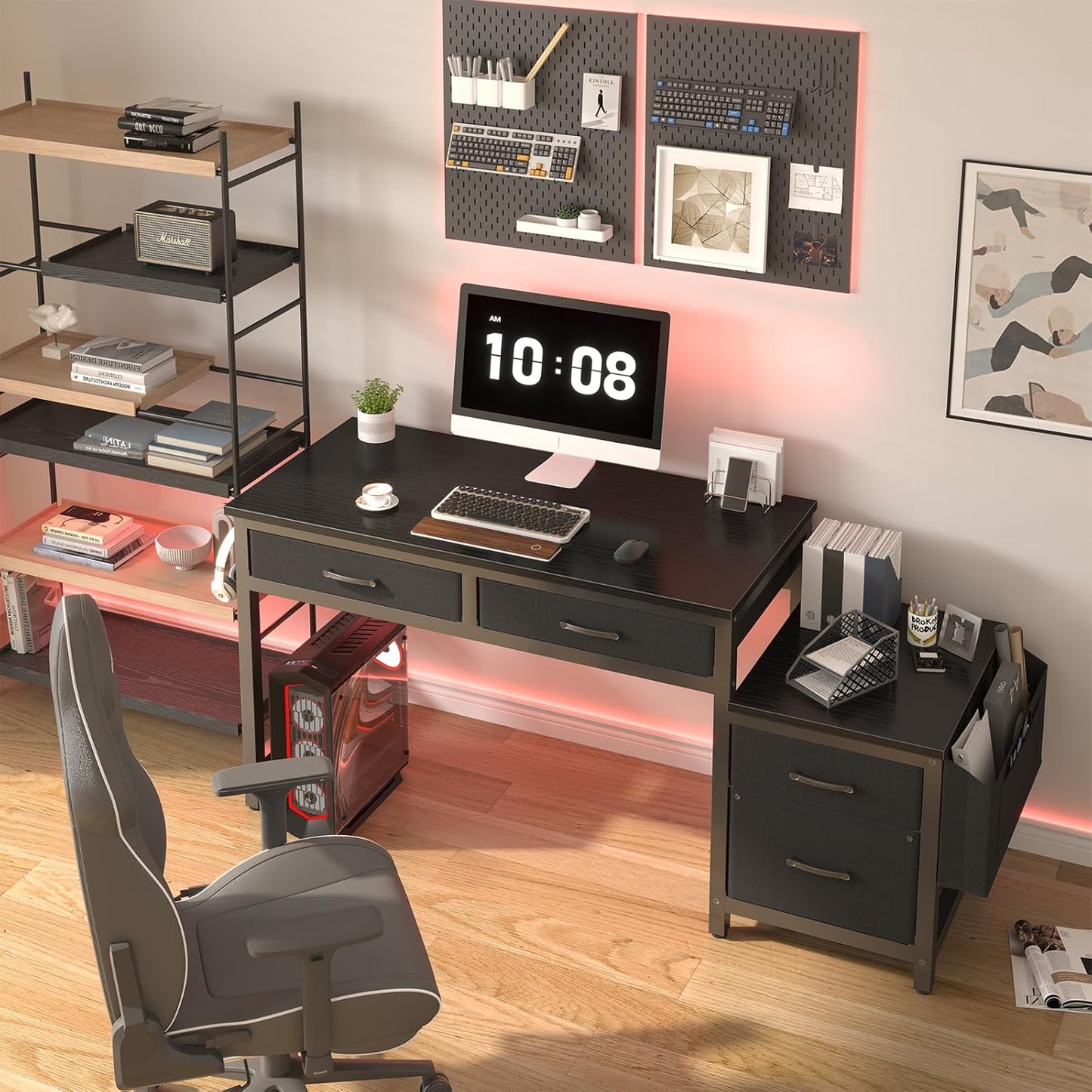 Lufeiya Gaming Desk with Fabric File Drawers Cabinet, 57 Inch Home Office Desks with Reversible Filing Cabinet Printer Stand for Small Space, Study Writing Table PC Computer Desks for Bedroom, Black