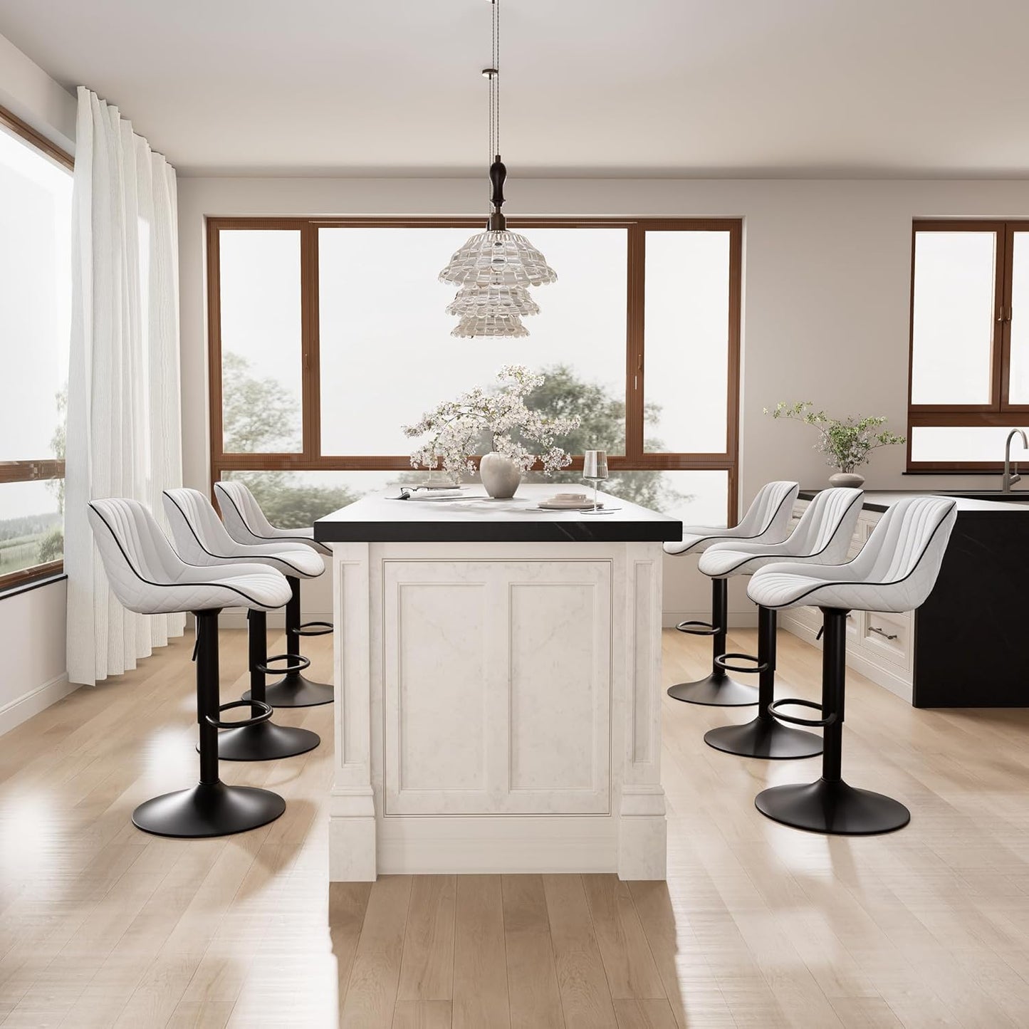 YOUNIKE White Bar Stools Set of 2 Kitchen Counter Height Barstools Upholstered Swivel Modern Faux Leather Bar Chairs with Backs Adjustable High Breakfast Island Stool with Metal Leg