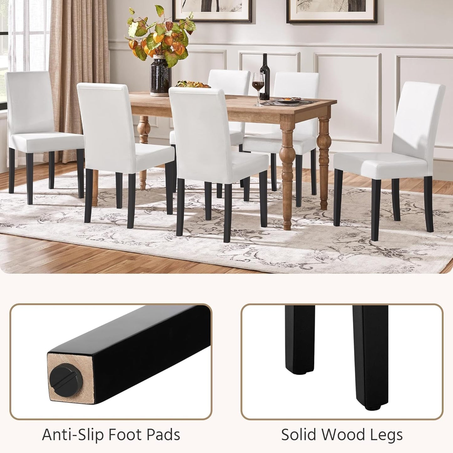 Yaheetech Dining Chairs Set of 6 Faux Leather Modern Dining Room Chairs with Rubberwood Legs and Padded Seat for Kitchen/Living Room/Restaurant, White