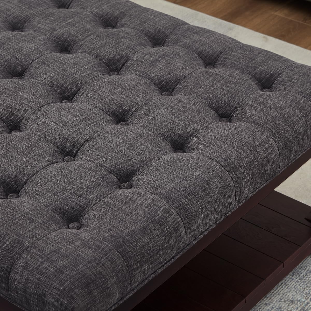 24KF Upholstered Square Coffee Table with Wooden Shelf, Tufted Button Large Square Ottoman with Spindle Wooden Legs, Linen Large Footrest Ottoman Pouf for Living Room, Dark Gray