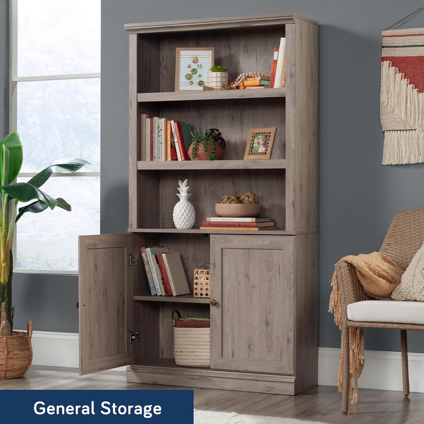 Sauder Miscellaneous Storage 5-Shelf Bookcase with Doors, L: 35.28" x W: 13.23" x H: 69.76", Laurel Oak Finish