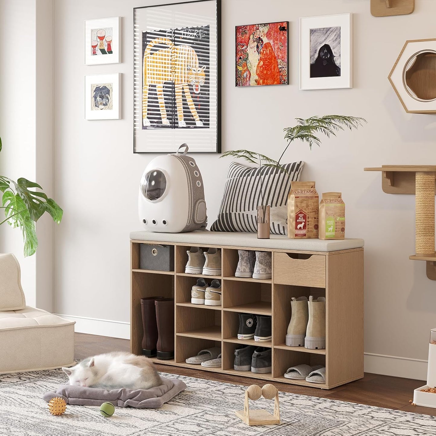 DINZI LVJ Shoe Bench, Entryway Storage Bench with Drawer and 15 Cubbies, Cubby Shoe Rack with Adjustable Shelves, Shoe Organizer Cabinet for Living Room, Bedroom, Mudroom, Closet and Garage, Natural