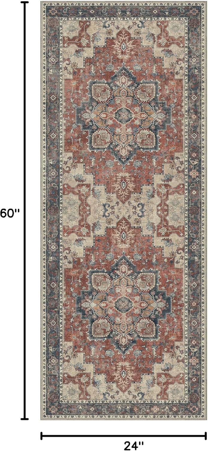 GENIMO 2x5 Runner Rugs for Hallway, Machine Washable Non Slip Vintage Rugs, Low Pile Lightweight Soft Print Rug for enrtyway, Corridor, Home Office, Kitchen, Bordeaux