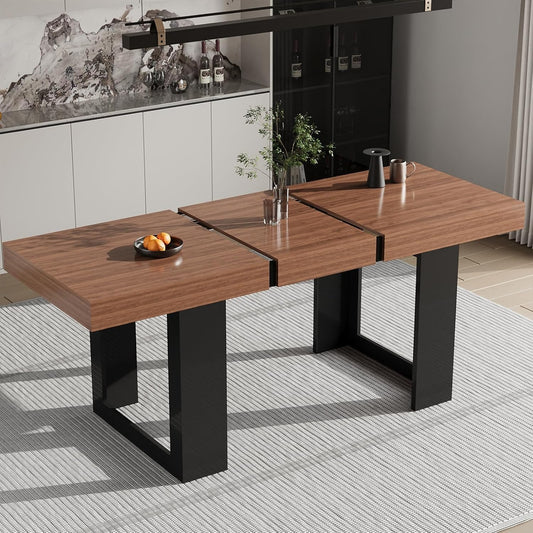 63"-78.74" Rectangular Extendable Dining Table for 6-10 People – Modern Farmhouse Wooden Kitchen Table with Brown Finish, Large Extendable Table for Dining Room or Conference Use