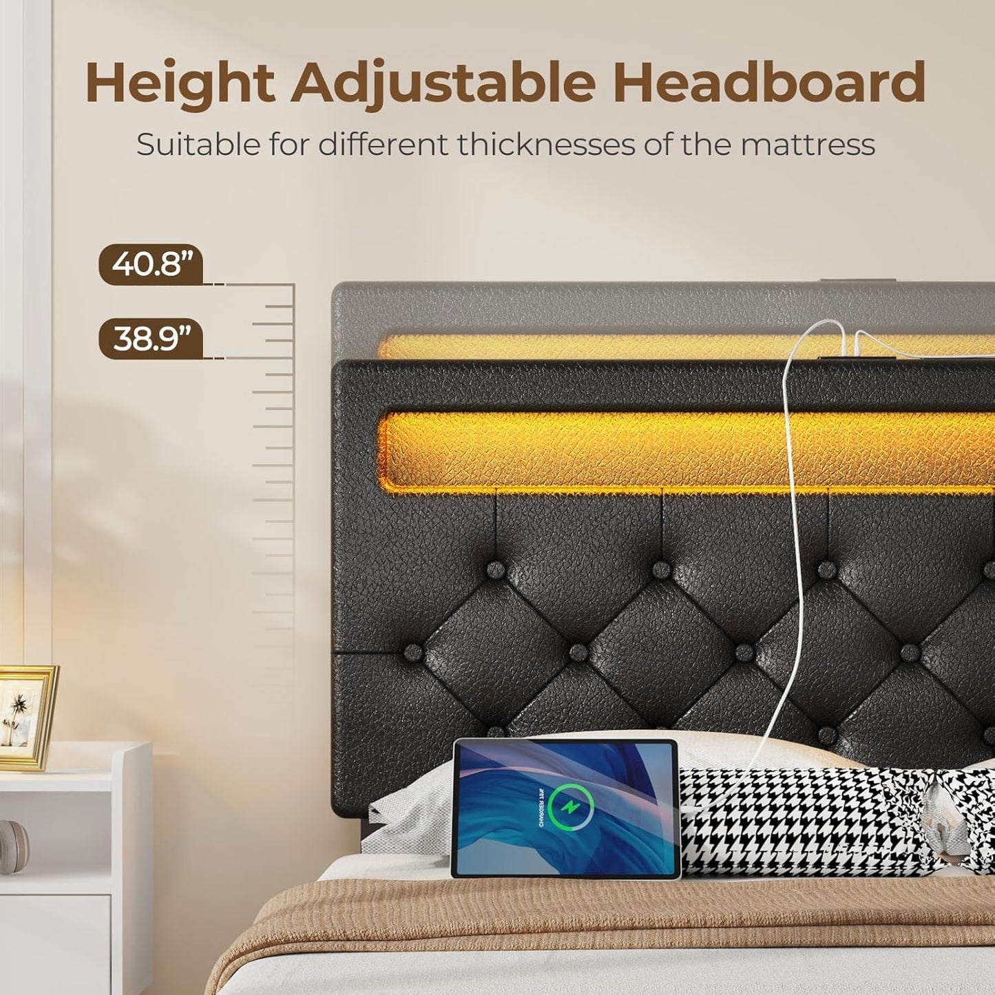 Rolanstar Queen Bed Frame with 4 Storage Drawers and Charging Station, Queen Bed with Led Lights, 2 USB & 1 Type C, Adjustable Headboard 38.9/40.8 Inches, No Box Spring Needed, Black