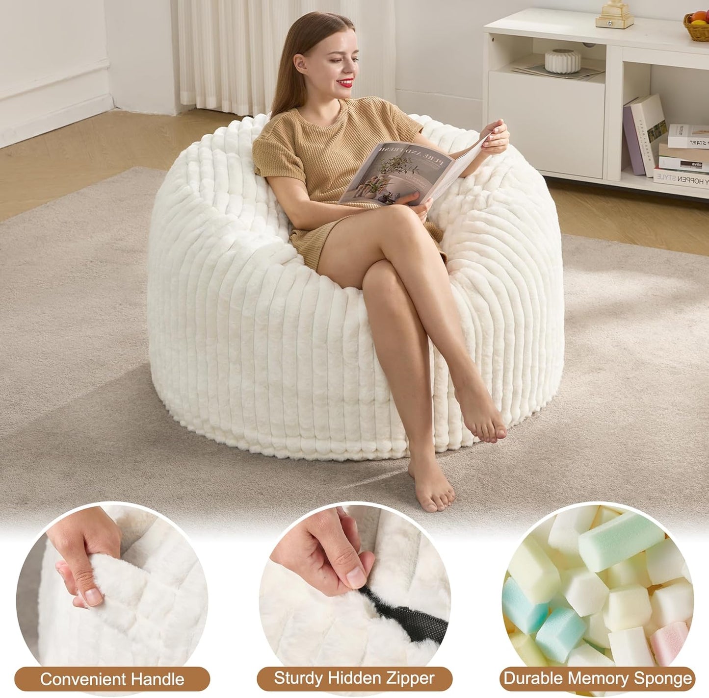 Hobestluk 3ft Bean Bag Chairs for Adults Large Beanbag Chair with Stripe Plush Cover Big Bean Bag Chair for Living Room Bedroom Dorm Office - White (36” x 36” x 22”)