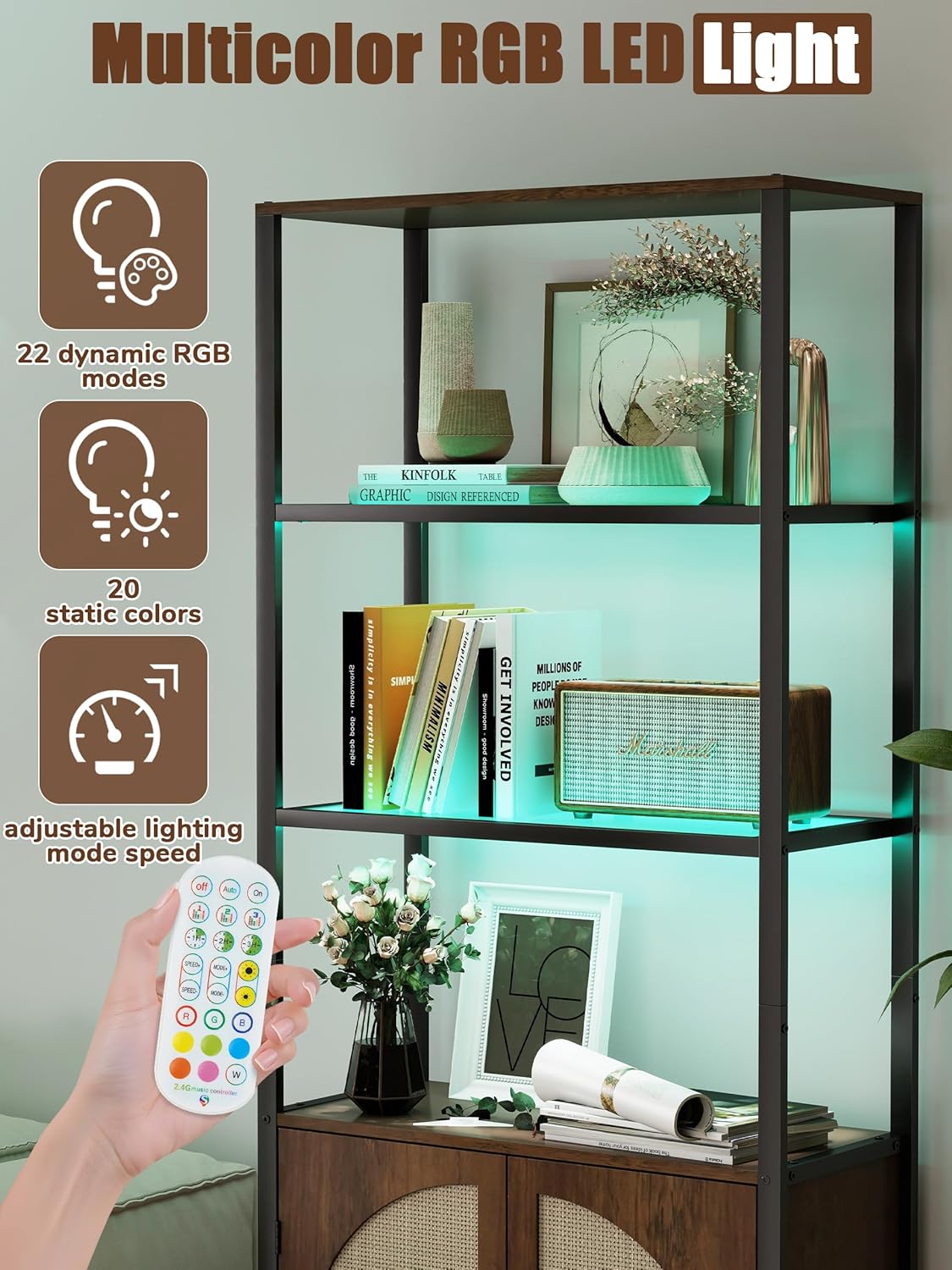 5 Tier Rattan Bookcase with Light 71" Tall Boho Bookshelf with Doors Large Bookcase with Adjustable Shelf Farmhouse Storage Cabinet Bookshelves for Living Room Bedroom Home Office Kitchen