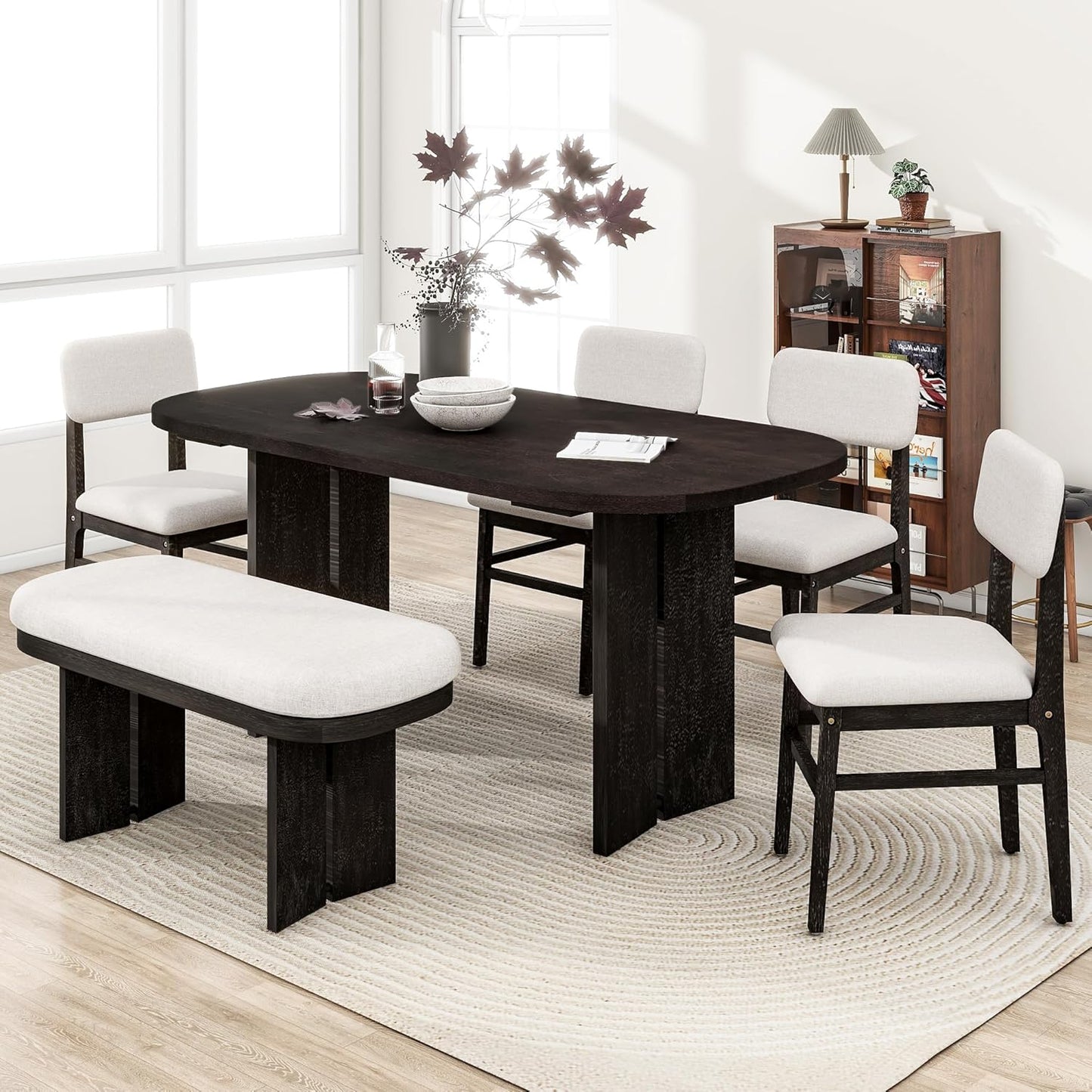 Ball & Cast Wood Dining Table Set with Bench,6-Piece Upholstered Rectangular Set w/ 4 Upholstered Chairs,Curved Profiles Kitchen Furniture Suitable Big Family Gatherings,Espresso