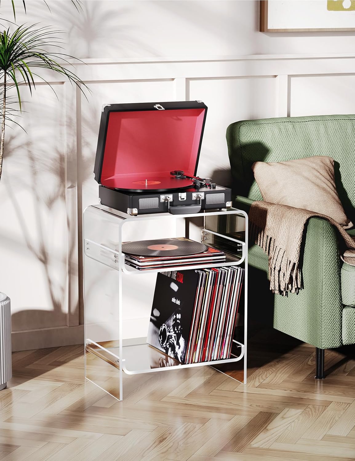 Acrylic Record Player Table with Storage Shelf, Clear Side Table Nightstand (Clear)