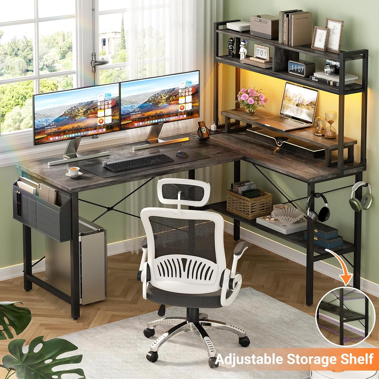 Aheaplus L Shaped Gaming Desk with Power Outlets & LED Lights, Small L- Shaped Desk Computer Corner Desk with Monitor Stand & Storage Shelf, Home Office Desk Writing Desk with Storage Bag, Grey Oak