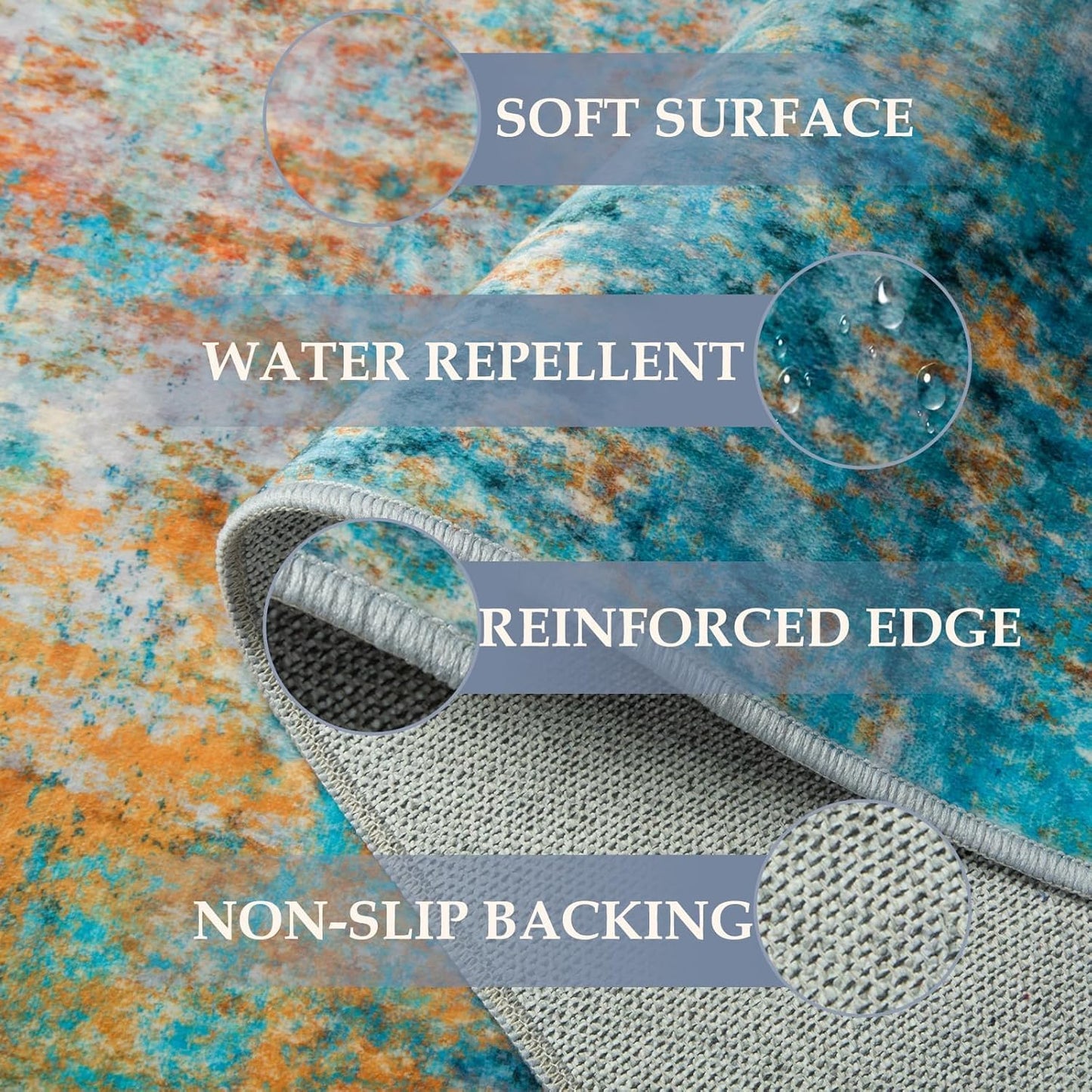 Washable Area Rugs 3'x5' Non-Slip Modern Abstract Soft for Living Room Entryway Bedroom Nursery, Print Pattern, Teal Blue Green Orange Rust Red Colorful