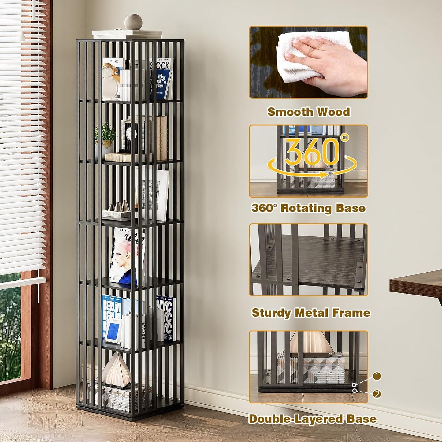 6 Tier Rotating Bookshelf, 360° Spinning Narrow Bookcase Tower, Space Saving Floor Standing Wood Shelf & CD Organizer for Small Spaces, Bedroom, Living Room, Office (Black, 6-Tier)