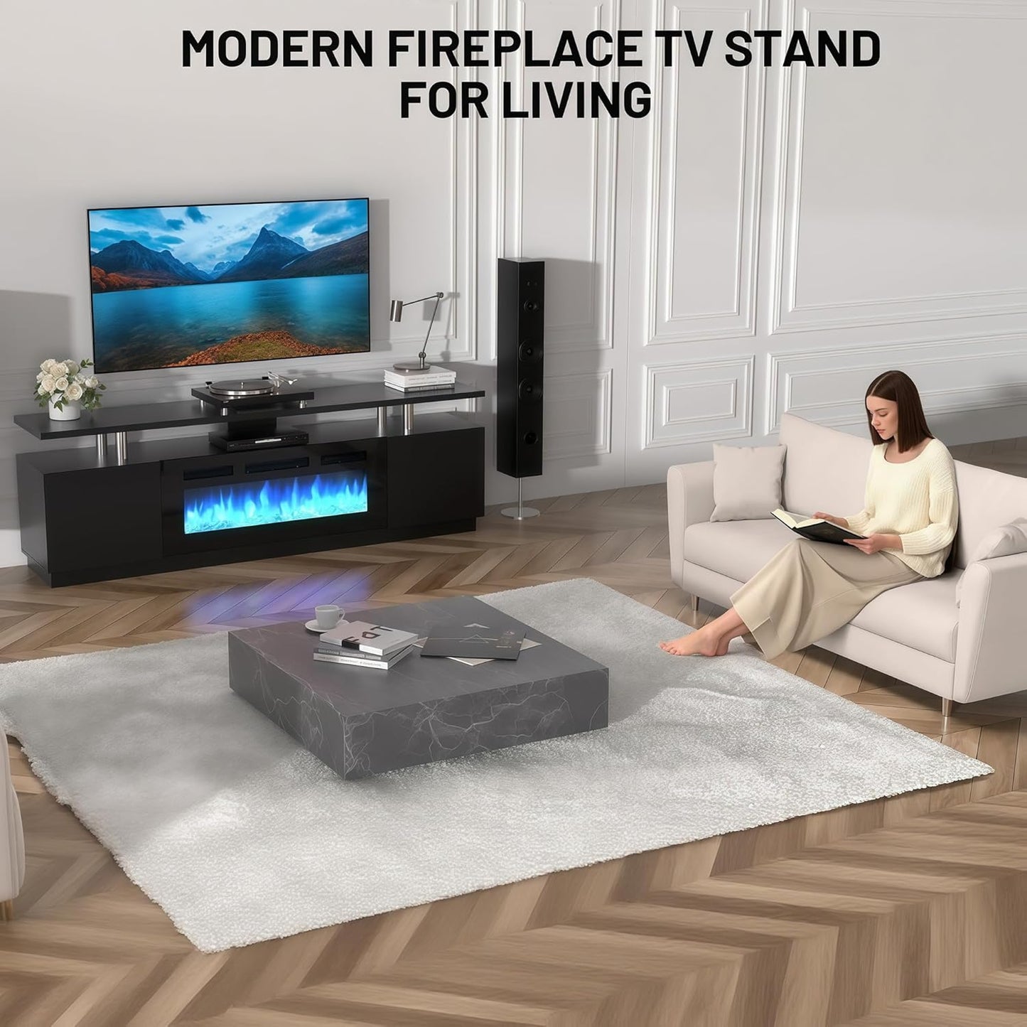 70" Fireplace TV Stand for TVs Up to 80", Entertainment Center with 36inch Fireplace, 12 Flame & LED Colors, 2-Tier TV Console & Storage Cabinet