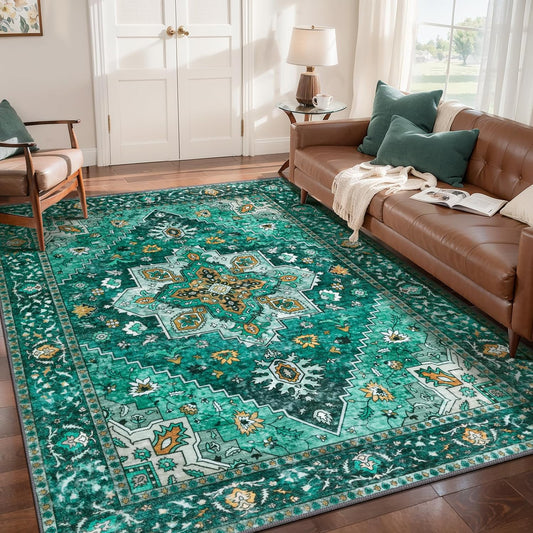Tangsoo 5x7 Area Rug Washable Rugs for Living Room, Vintage Indoor Non Slip Large Area Rugs, Print Distressed Emerald Carpet, Soft Low Pile Foldable Floor for Bedroom Dining Room Dorm
