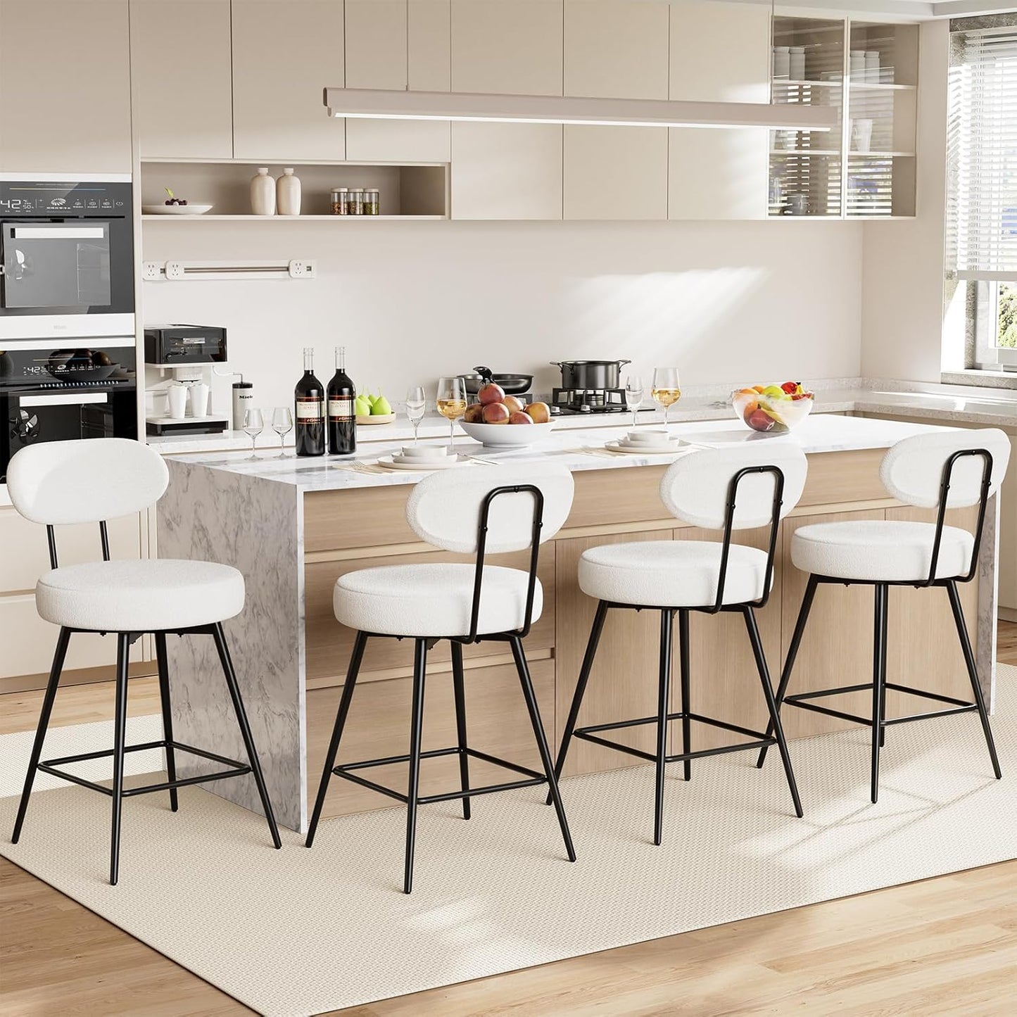 HOMMPA Counter Height Swivel Bar Stools Set of 4 Boucle Barstools 26'' Upholstered Modern Counter Barstools with Back Metal Legs Bar Stools Chairs for Kitchen Counter Island White