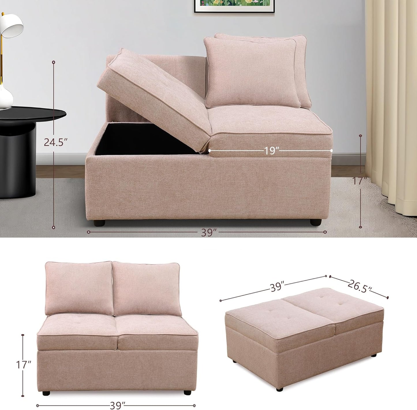 Convertible Ottoman Sofa with Storage, Modern Sackcloth Futon Couch with 2 Pillows Adjustable Backrest, Recliner Folding Loveseat for Living Room, Apartment Dorm, Office,Pink