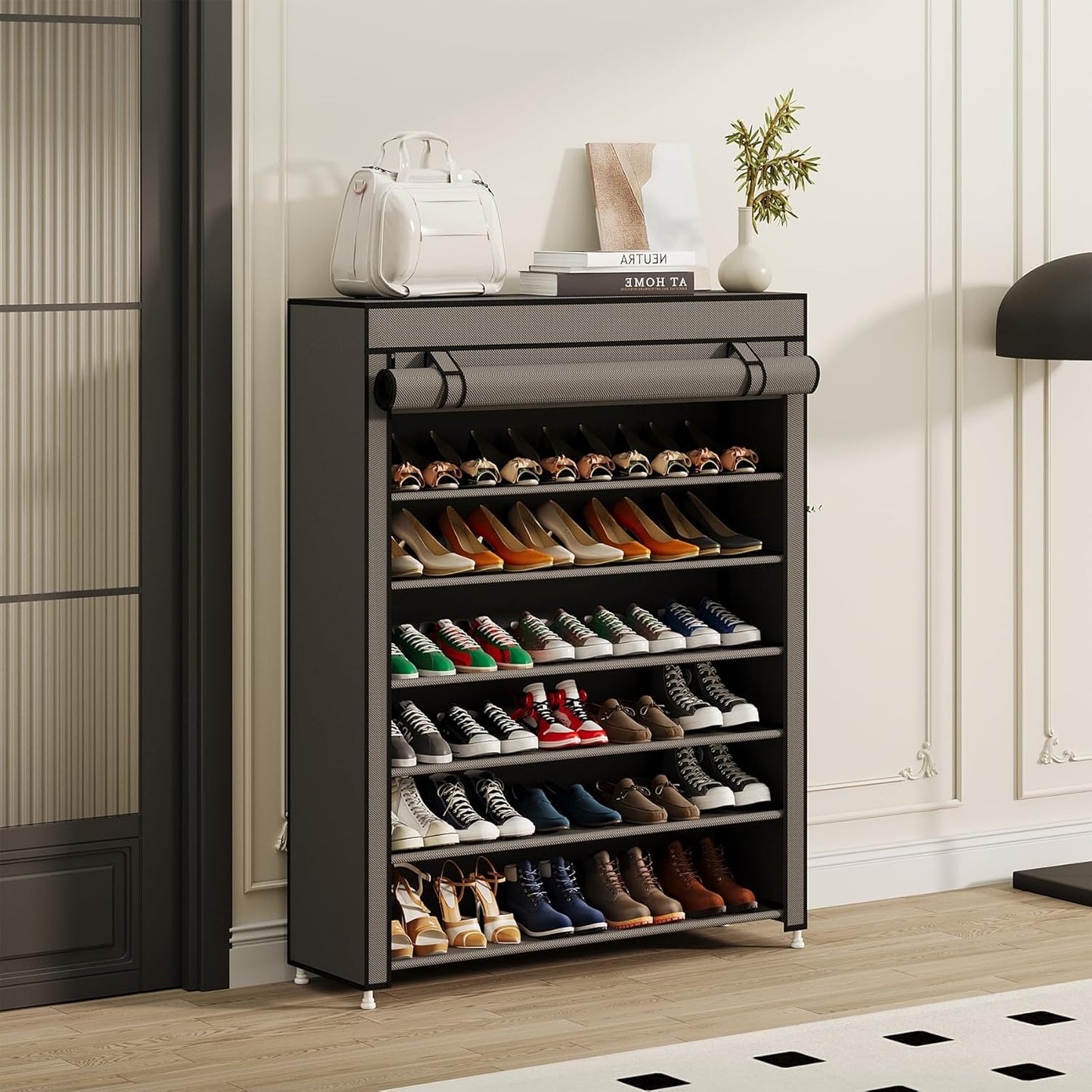 Calmootey 7 Tier Shoe Rack Organizer to Hold 35 Pairs, Portable Shoe Shelf with Nonwoven Fabric Cover for Closet Hallway, Bedroom, Entryway, Grey
