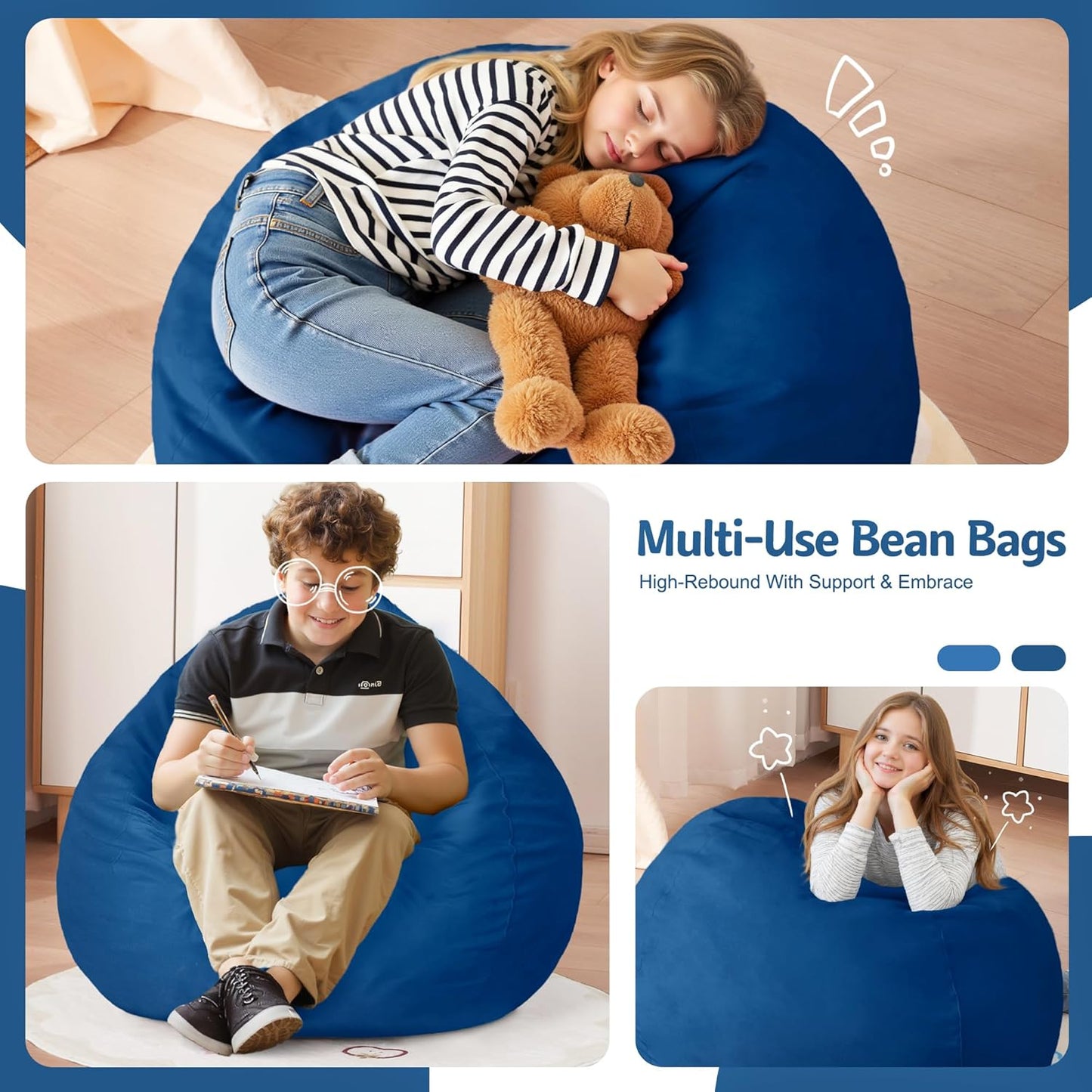 Homguava 2FT Bean Bag Chair: 2' Bean Bags with Memory Foam Filled,Comfy Beanbag Chairs Round Bean Bag Sofa with Dutch Velvet Cover-Blue